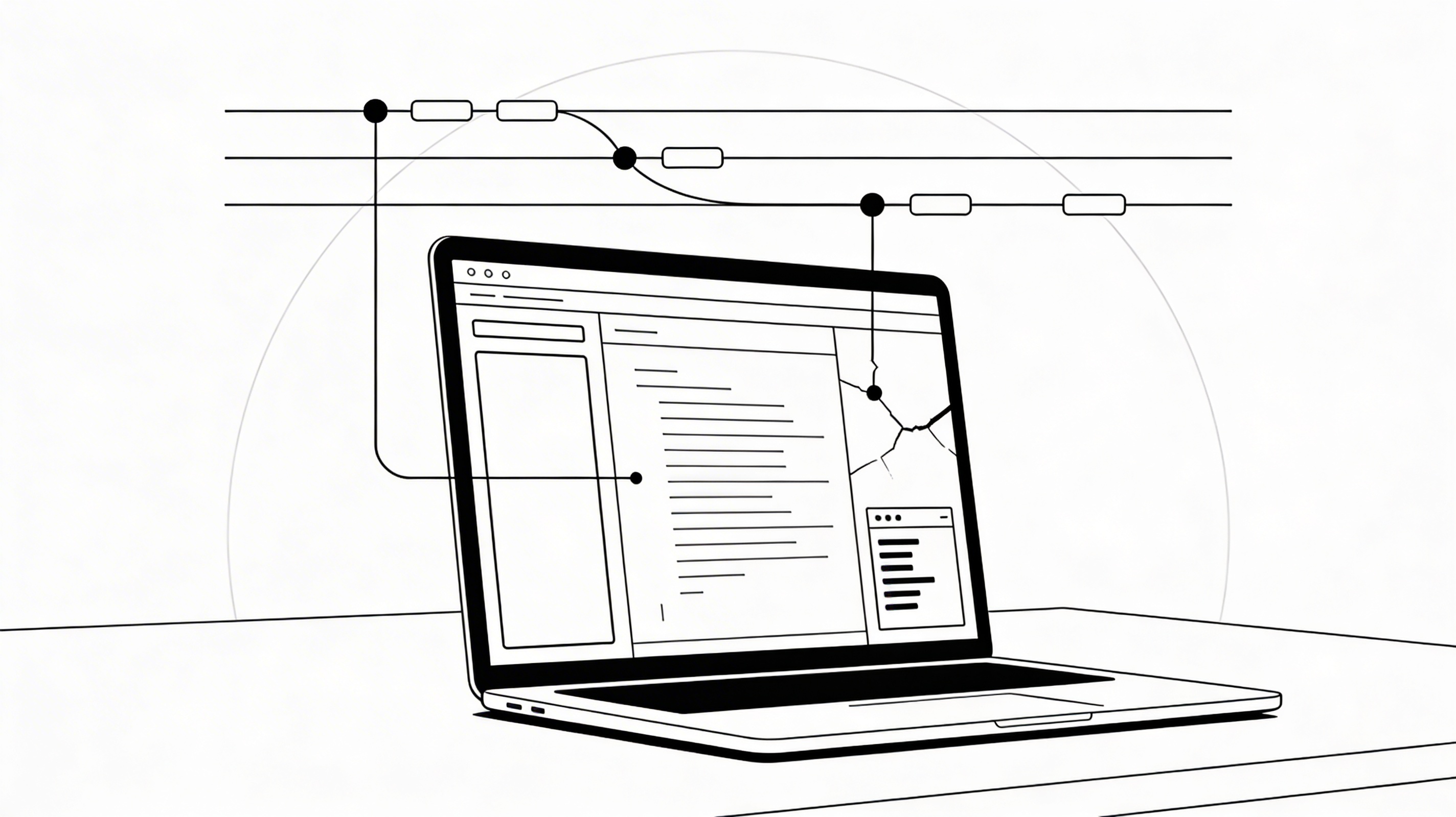 A laptop with a cracked screen showing a web app interface, representing the gap between prototype and production