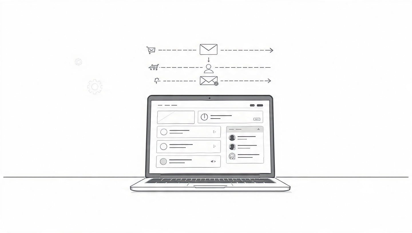Minimalist monochrome illustration of a laptop with email and automation workflow icons