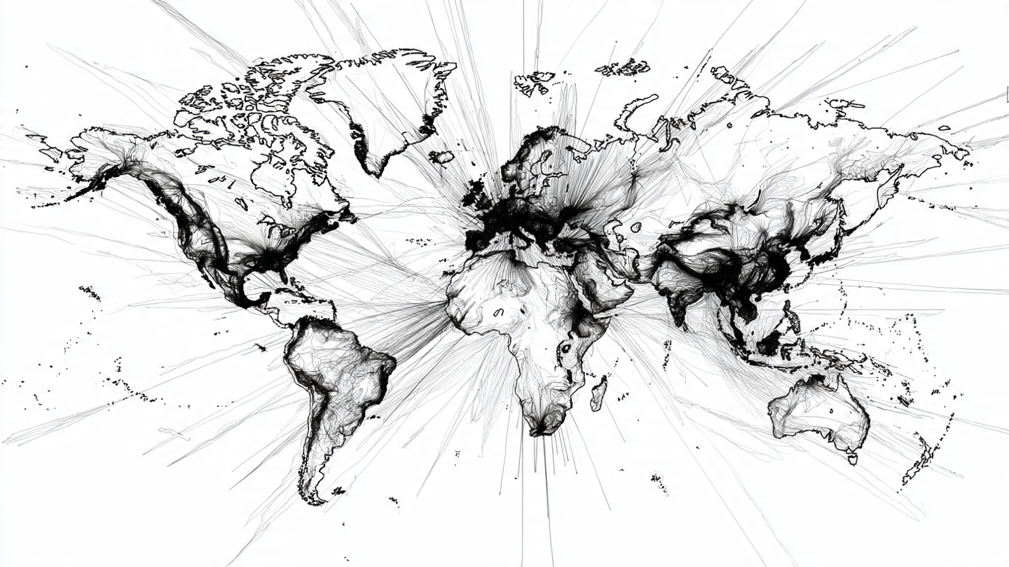 A world map with radiating lines showing the uneven global spread of Claude AI usage