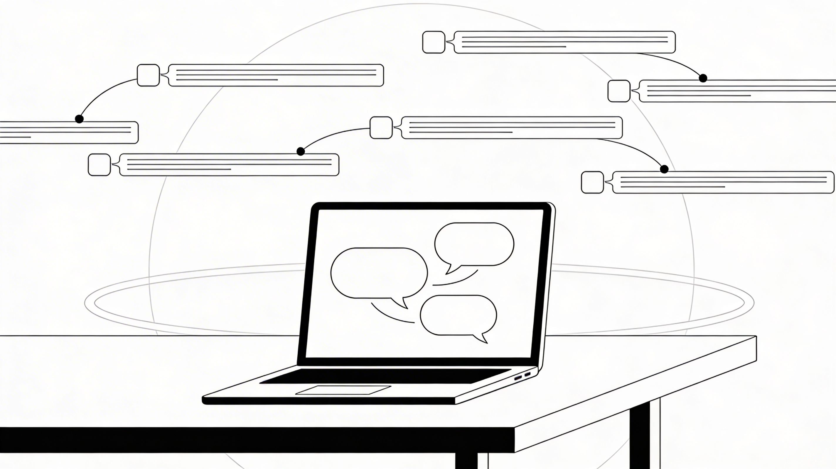 A laptop displaying conversation bubbles with a network of connected content threads in the background