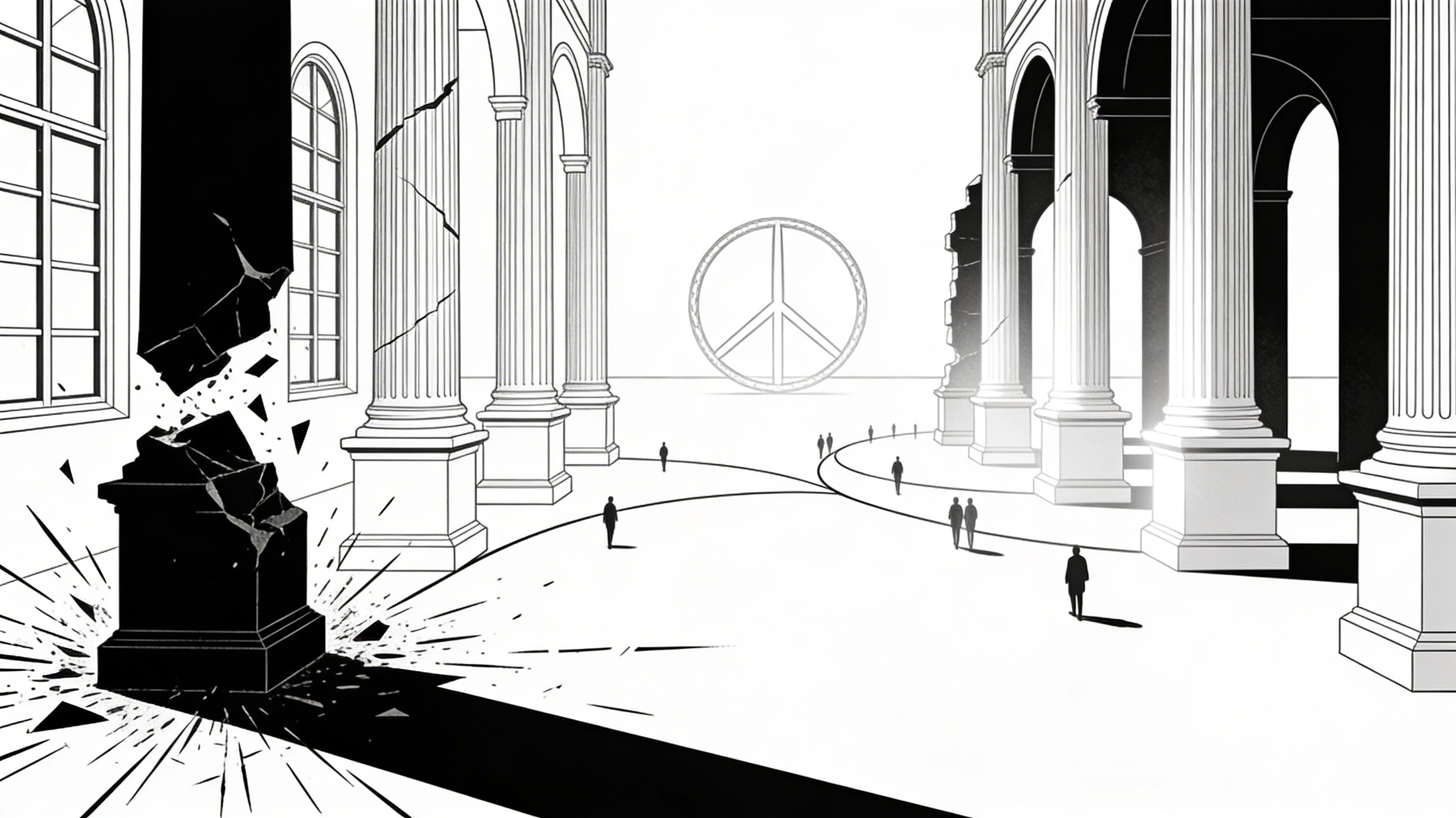 A monochrome illustration of columns and a peace symbol, representing the tension between war and civilization