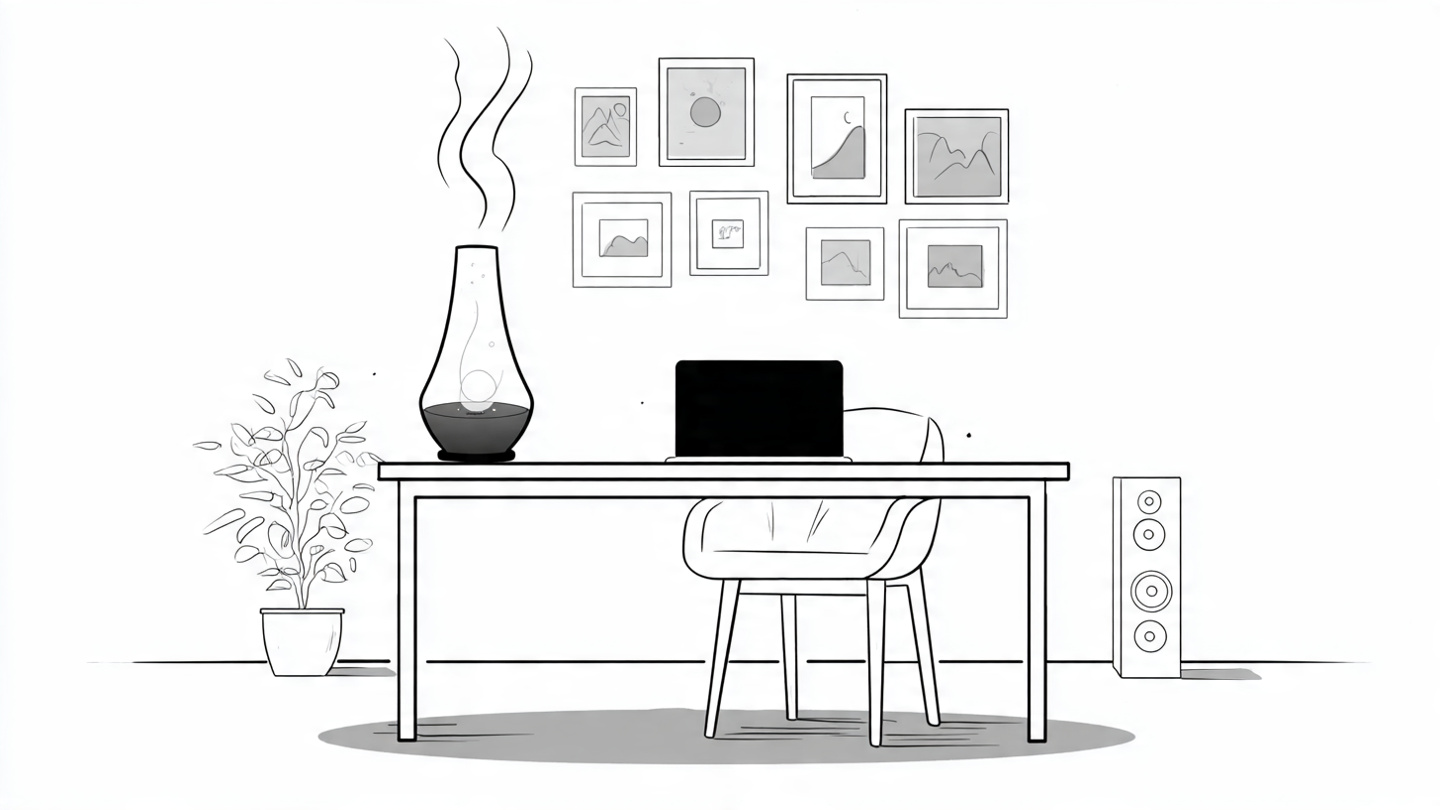 A minimalist home desk setup with a lava lamp, laptop, plant, and speaker