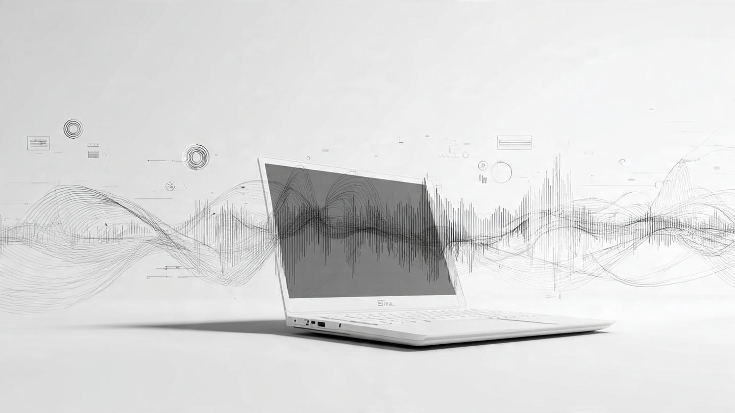 Minimal monochrome editorial illustration of a laptop with sound waves and audio visualization elements radiating outward