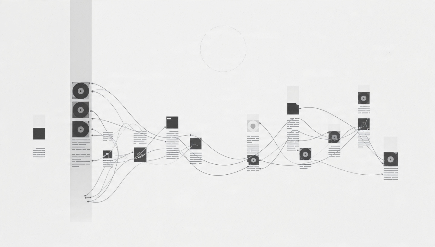 Minimalist illustration of vinyl records connected by flowing lines across a music distribution network