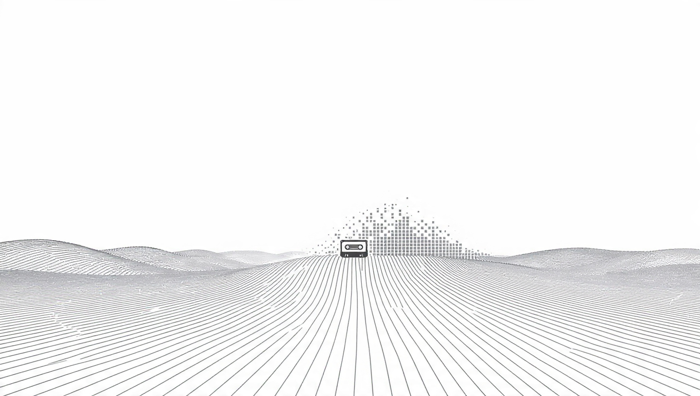 Minimalist monochrome illustration of a cassette tape in an open landscape with digital pixel formations rising above it