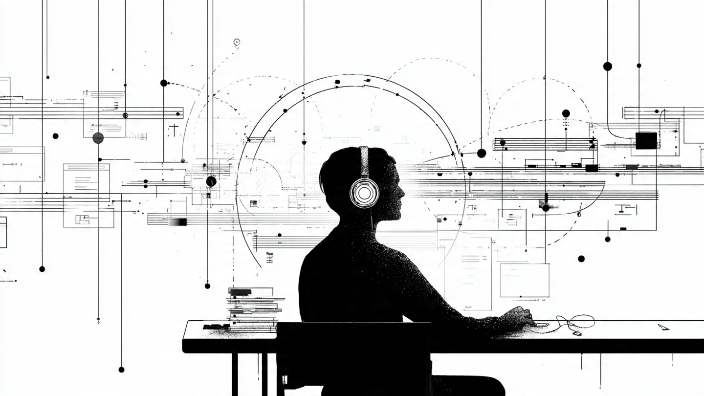 A person listening through headphones at a desk, surrounded by musical notation and abstract diagrams
