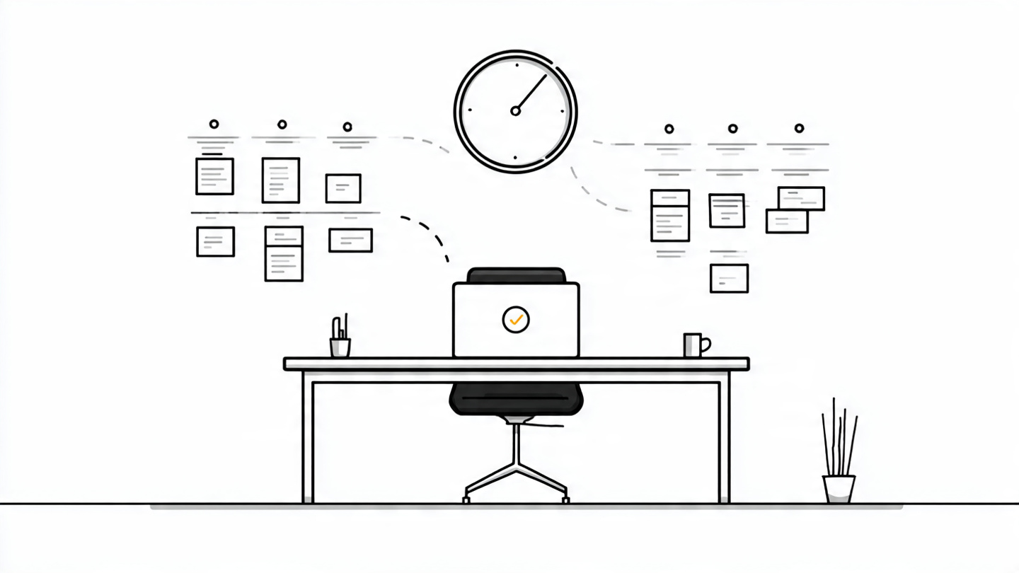 Minimalist illustration of a desk with a kanban board and clock on the wall